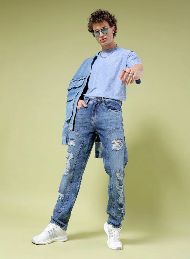 ذا انديان كراج كو Men Vintage Straight Fit Distressed Mid-Rise Jeans
