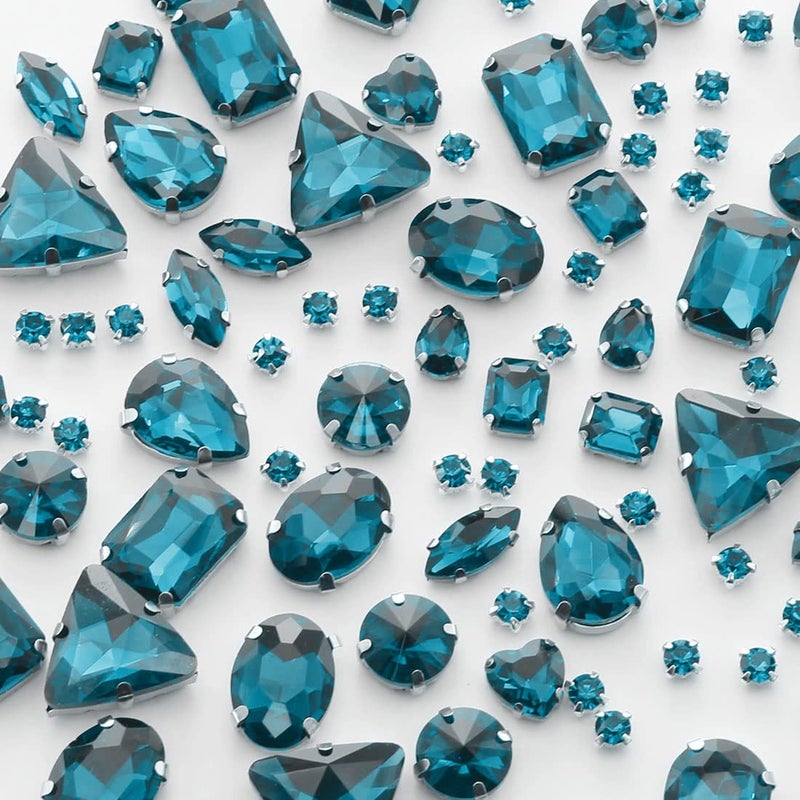 TANOSII Sew on Rhinestones 100 PCS Mixed Shapes Glass Rhinestones Sew on Crystal Gems Mental Flatback with Silver Claw for Jewelry Crafts Clothes Shoes Costume Garment Turquoise