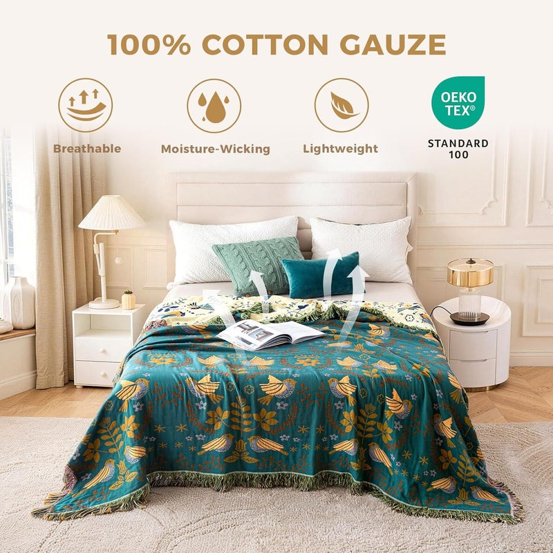 LUTBM King Throw Blanket for Bed 100% Cotton Boho Ultra Soft Rustic Quilt Birds and Floral Double Embroider Summer King Bed Blanket,90"×108" All Season Blankets for Bedding Couch - Image 2