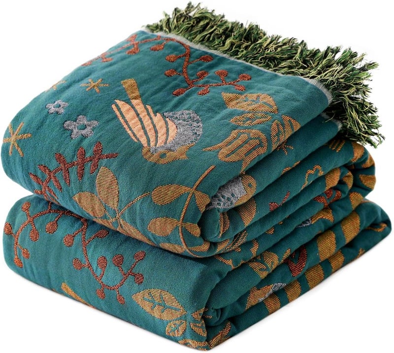 LUTBM King Throw Blanket for Bed 100% Cotton Boho Ultra Soft Rustic Quilt Birds and Floral Double Embroider Summer King Bed Blanket,90"×108" All Season Blankets for Bedding Couch - Image 1