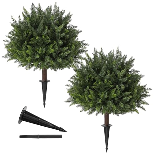 LUWENER 23.6Inch Artificial Cedar Topiary, 2 Pack UV Resistant Faux Evergreen Shrubs with Ground Spikes, Indoor Outdoor Potted Plants for Porch, Garden, Front Door Decor - Image 1