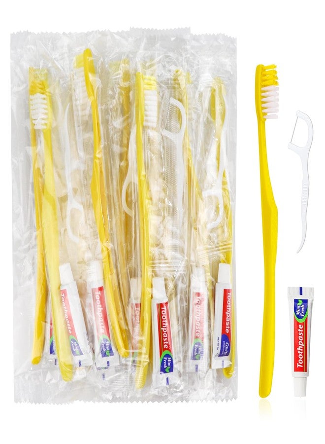 FAOEHN 50 pcs Disposable Toothbrushes with Toothpaste and Floss,Yellow Bulk Single Use Toothbrush Floss Pick Individually Wrapped Disposable Travel Toothbrushes Kit for Homeless,Airbnb,Hotel,Guest - Image 1