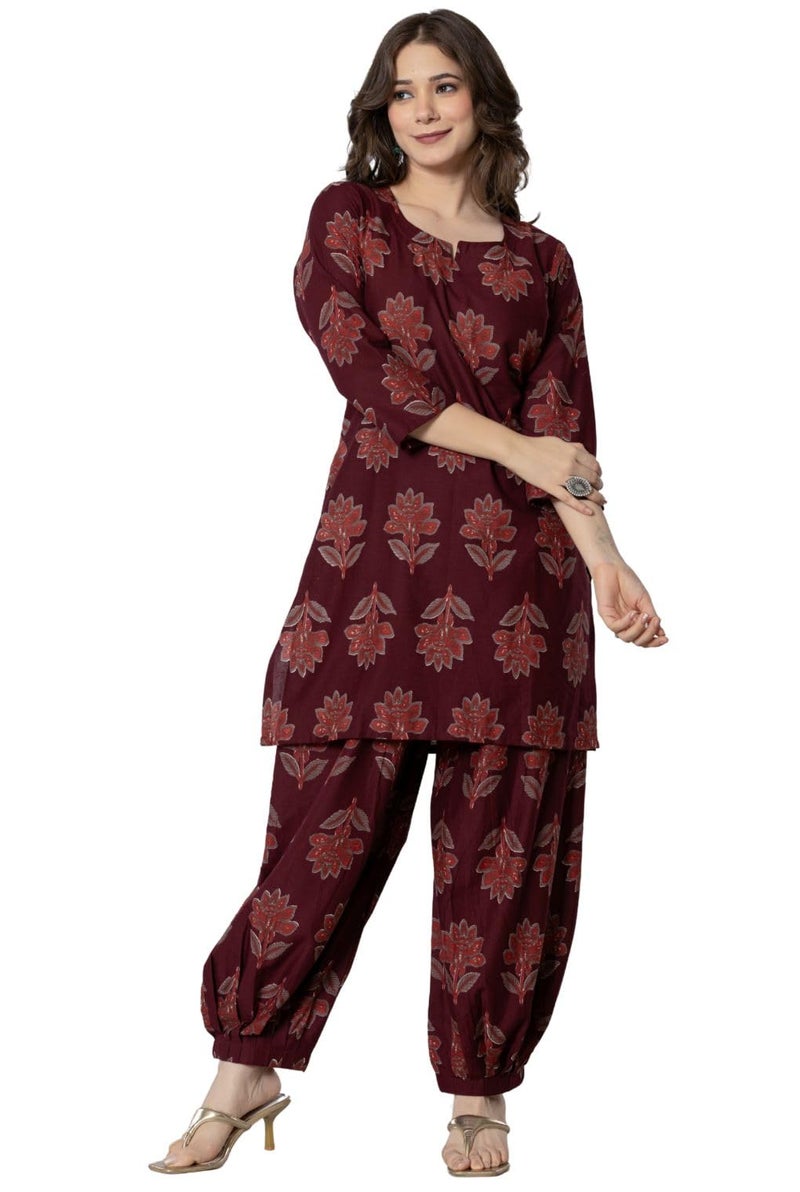 rytras Women's Pure Cotton Printed Straight Kurta Set with Palazzo Pants - Ethnic Wear, Maroon(RYT593,M) - Image 1