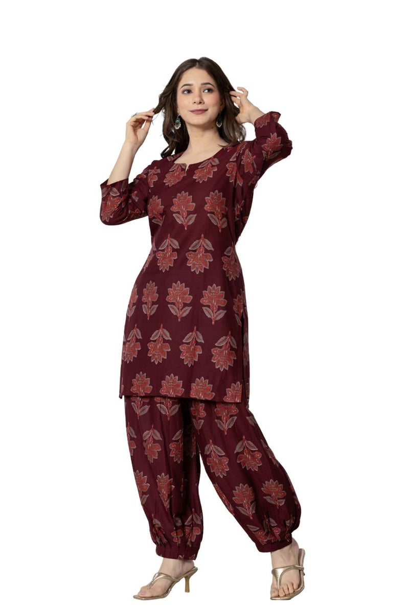 rytras Women's Pure Cotton Printed Straight Kurta Set with Palazzo Pants - Ethnic Wear, Maroon(RYT593,M) - Image 3