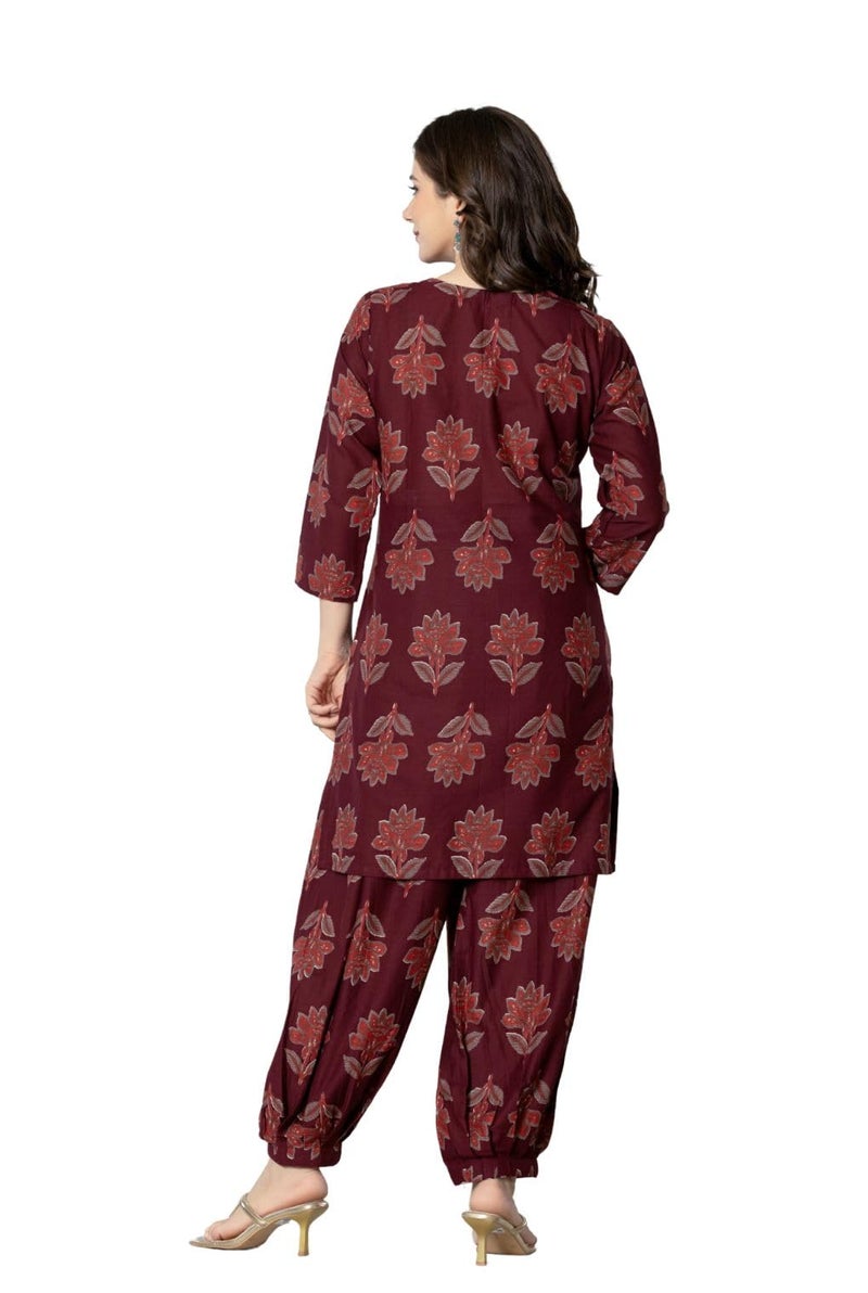 rytras Women's Pure Cotton Printed Straight Kurta Set with Palazzo Pants - Ethnic Wear, Maroon(RYT593,M) - Image 2