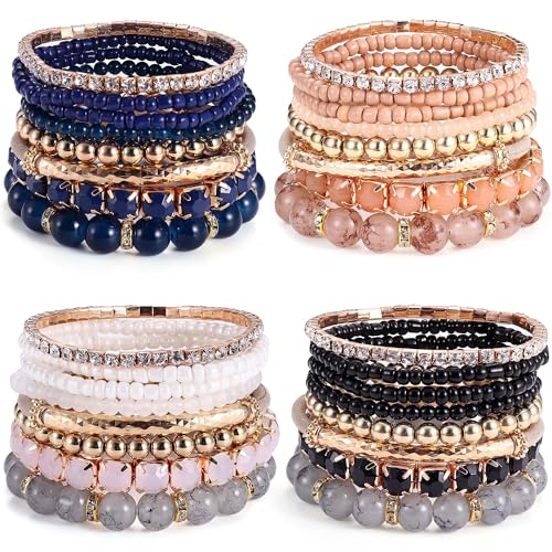 MILACOLATO 4 Sets Boho Bracelets for Women Multi-Color Layered Stackable Natural Beaded Bracelets Adjustable Stretch Bohemian Bracelets A - Image 1