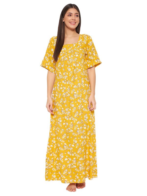 Clovia Women's Rayon Printed Long Night Dress (NS5203P02_Yellow_M) - Image 1