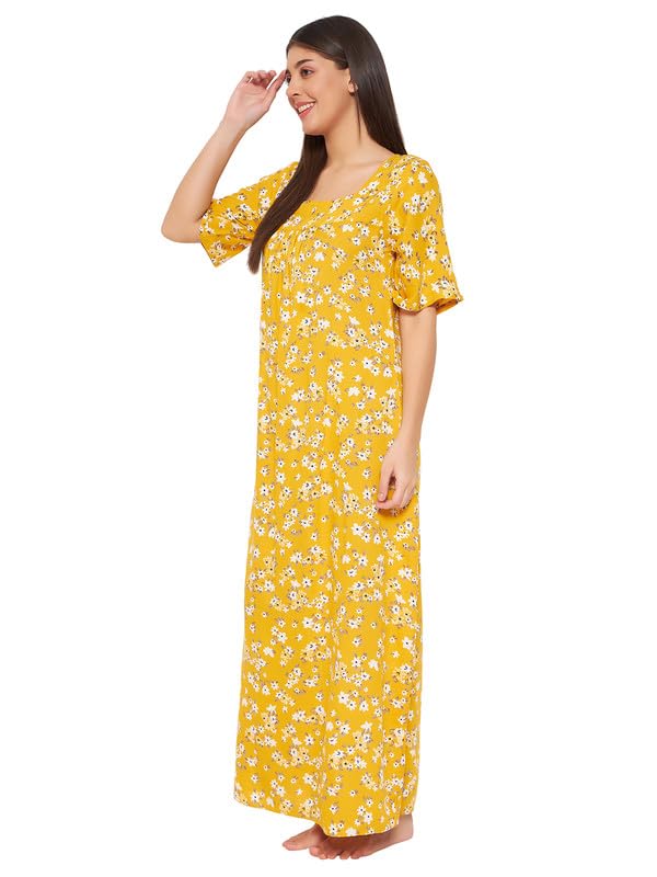 Clovia Women's Rayon Printed Long Night Dress (NS5203P02_Yellow_M) - Image 3