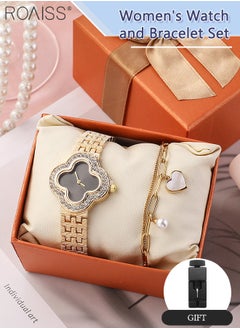 roaiss 2PCS Women's Alloy Strap Bracelet Watch Set Analog Display Flower Dial Quartz Watch with Heart Bracelet Decorated with Pearl Elegant Watch Set as Gift for Ladies  - Image 1