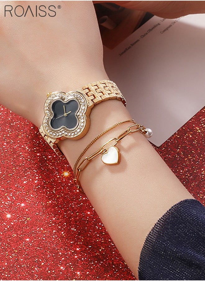 roaiss 2PCS Women's Alloy Strap Bracelet Watch Set Analog Display Flower Dial Quartz Watch with Heart Bracelet Decorated with Pearl Elegant Watch Set as Gift for Ladies  - Image 2