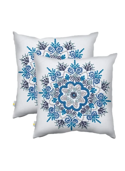 Donetella 2 Piece Embroidered Cushion Cover (45X45 cm) Without Filler White/Cyan