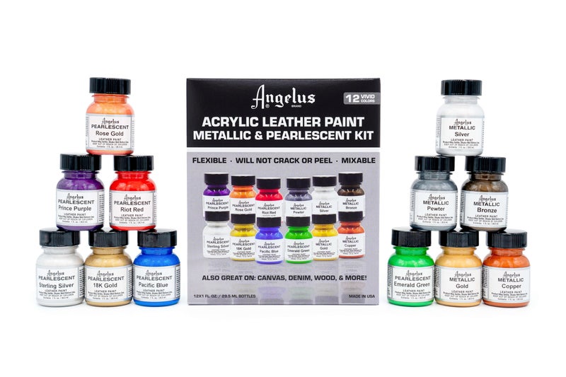 Angelus Acrylic Leather Paint Kit Metallic & Pearlescent 12 Pack Set (1 oz each) - Professional Metallic Acrylic Paint - Flexible, Crack, Peel Resistant for Shoes, Sneakers, Canvas, Demin, Wood - Image 4