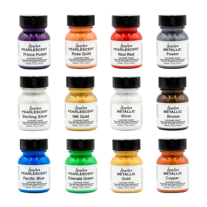 Angelus Acrylic Leather Paint Kit Metallic & Pearlescent 12 Pack Set (1 oz each) - Professional Metallic Acrylic Paint - Flexible, Crack, Peel Resistant for Shoes, Sneakers, Canvas, Demin, Wood - Image 1
