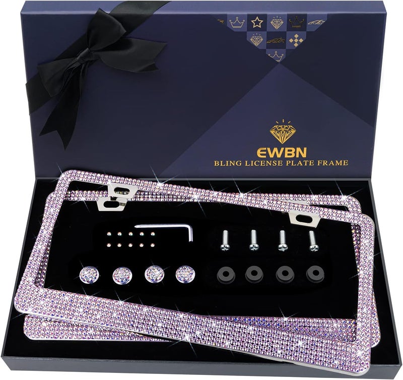 EWBN Bling Rhinestone License Plate Frame for Women，Diamond Sparkly License Plate Frames| Stainless Steel Frames & Over 1200 pcs Finest 14 Facets Black Glass Crystals Premium Diamond+GiftBox(Colorful) - Image 1