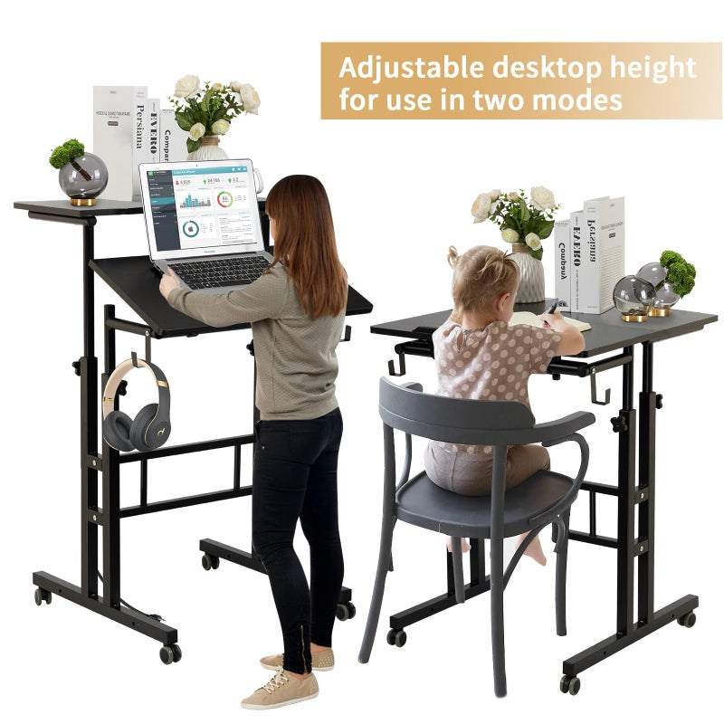 SIDUCAL Mobile Standing Desk, Portable Stand Up, Small Adjustable Converter with Wheels Home Office Workstation, Rolling Desk Laptop Cart for Standing or Sitting, Black - Image 2