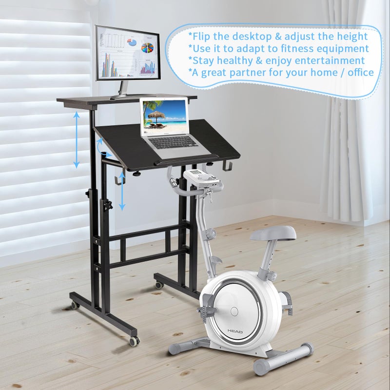 SIDUCAL Mobile Standing Desk, Portable Stand Up, Small Adjustable Converter with Wheels Home Office Workstation, Rolling Desk Laptop Cart for Standing or Sitting, Black - Image 3