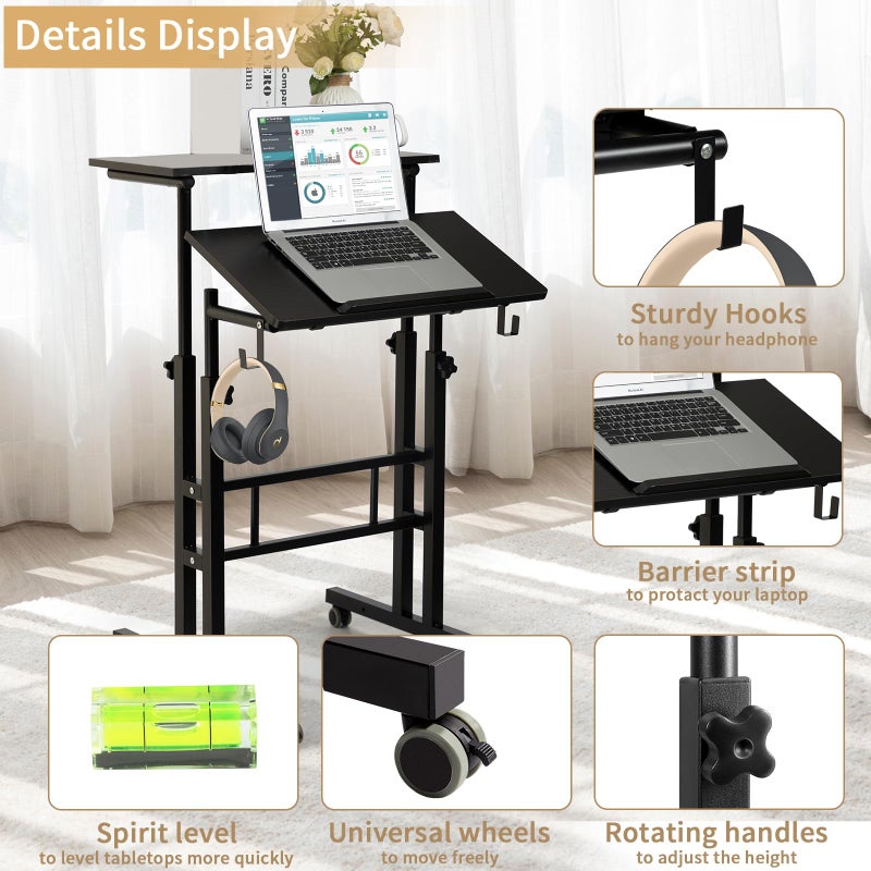 SIDUCAL Mobile Standing Desk, Portable Stand Up, Small Adjustable Converter with Wheels Home Office Workstation, Rolling Desk Laptop Cart for Standing or Sitting, Black - Image 5