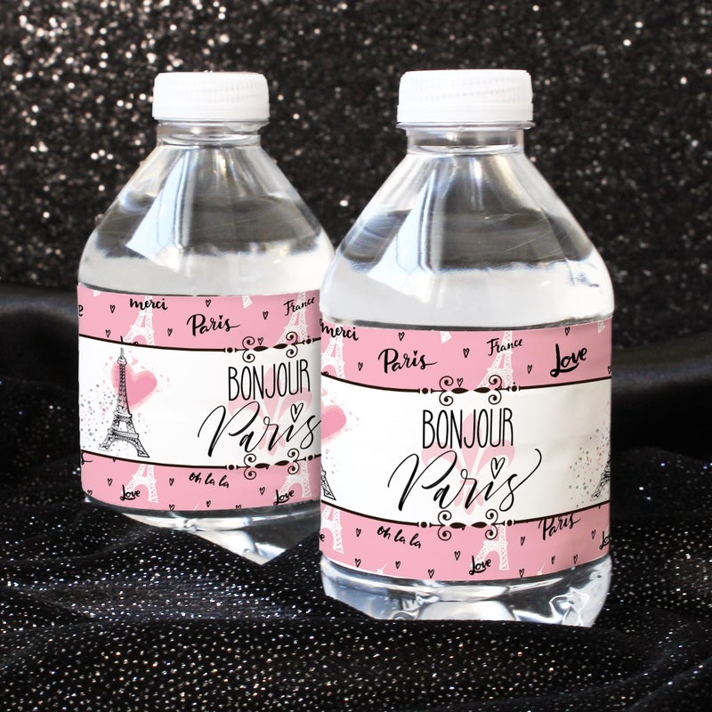 DISTINCTIVS Paris Birthday Party Water Bottle Labels, Eiffel Tower Paris Party Favor Decorations - 20 Count - Image 2