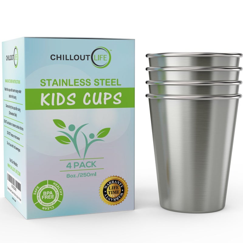 CHILLOUT LIFE CHILLOUT LIFE Stainless Steel Cups for Kids and Toddlers 8 oz - Stainless Steel Sippy Cups for Home & Outdoor Activities, BPA Free Healthy Unbreakable Premium Metal Drinking Glasses (4-Pack)  - Image 1