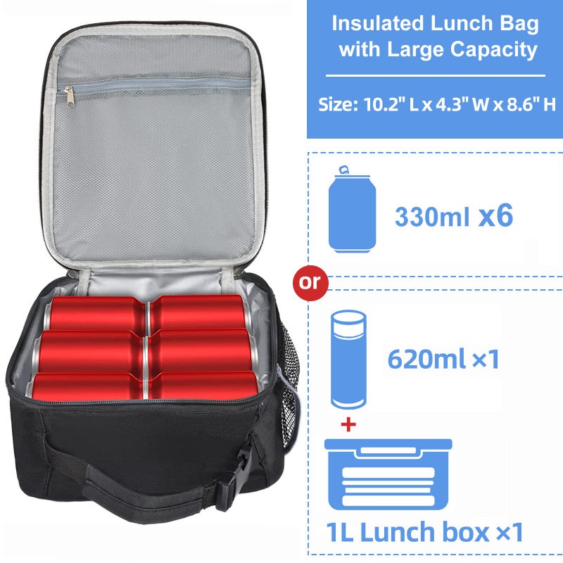 IWTTWY Insulated Lunch Bag, Leakproof Portable Lunch Box for Women Men Boys Girls, Large Capacity Cooler Bag with Handle and Bottle Pocket for Office School Camping Hiking Outdoor Beach Picnic (Black) - Image 2