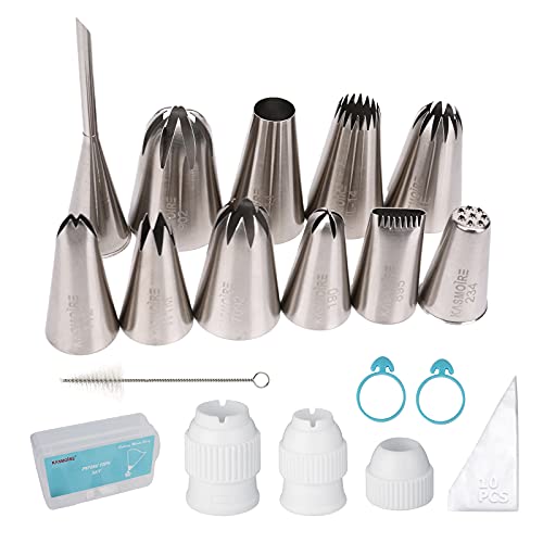 Kasmoire 11 Pcs Extra Large Piping Tip Set,Stainless Steel Cake Decorating Icing Tips Nozzles,Professional Pastry Tips for Cupcake, Cookie and Puff - Image 1