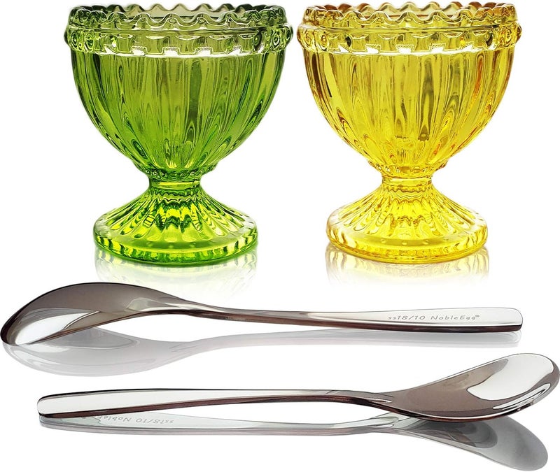 NobleEgg Glass Egg Cups for Soft Boiled Eggs | Egg Spoons | Vintage Style | Yellow, Green, 2 - Image 1