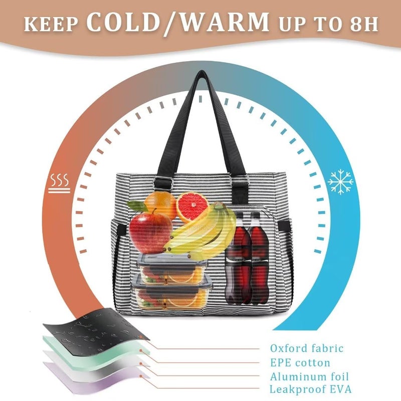 HSHRICH Large Women Lunch Bags for Work/Insulated Adult Lunch Box for Women/Leakproof Cooler Lunch Tote Bag with Storage Pocket. Reusable Lunch Cooler Purse for Work Picnic Hiking 14L, Stripe - Image 4