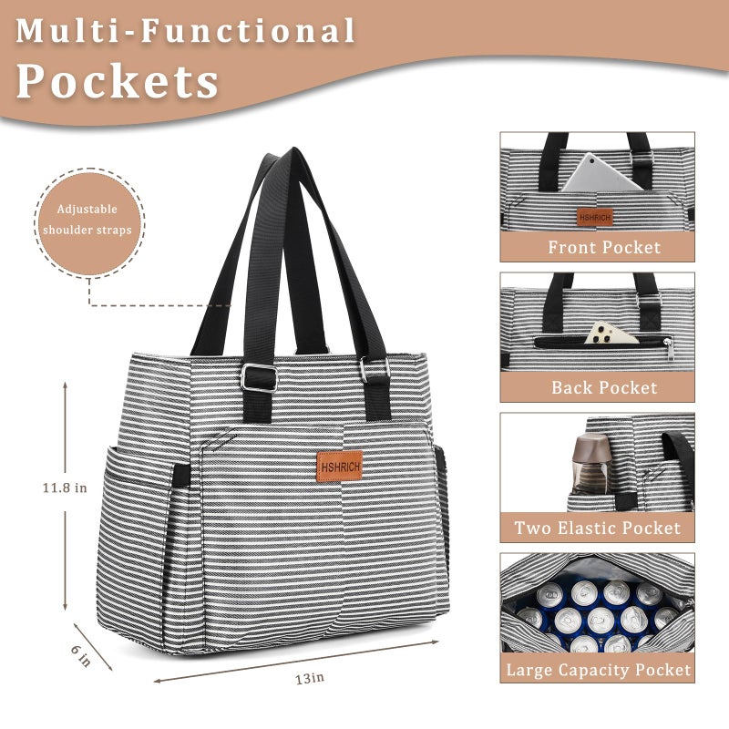 HSHRICH Large Women Lunch Bags for Work/Insulated Adult Lunch Box for Women/Leakproof Cooler Lunch Tote Bag with Storage Pocket. Reusable Lunch Cooler Purse for Work Picnic Hiking 14L, Stripe - Image 2