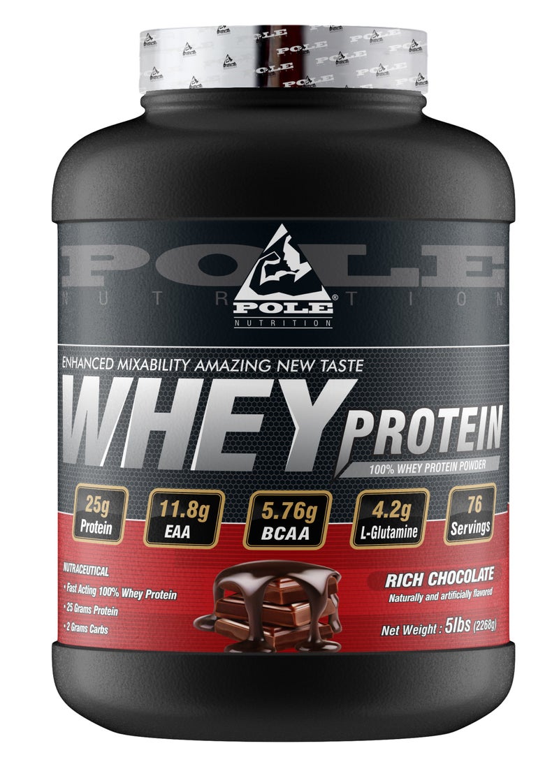 التغذية القطب بروتين مصل الحليب بنسبة 100% من Pole Nutrition، 25 جرامًا من البروتين لدعم العضلات والتعافي - شوكولاتة غنية، 5 أرطال (76 حصة) - Image 1