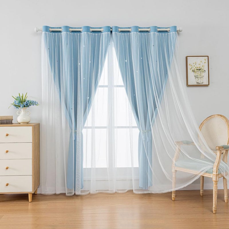 FANLI 2 Panels Star Blackout Curtains for Kid Girls Bedroom Living Room Darking Stripe Double Layer Star Cut Out Wall Home Decor Gradient Grommet Window Curtains (Blue 63L) - Image 5
