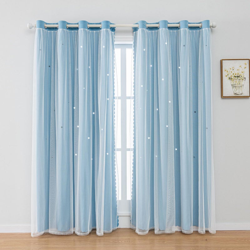 FANLI 2 Panels Star Blackout Curtains for Kid Girls Bedroom Living Room Darking Stripe Double Layer Star Cut Out Wall Home Decor Gradient Grommet Window Curtains (Blue 63L) - Image 1
