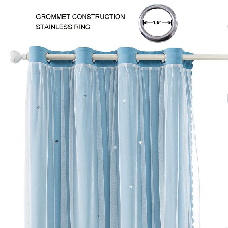 FANLI 2 Panels Star Blackout Curtains for Kid Girls Bedroom Living Room Darking Stripe Double Layer Star Cut Out Wall Home Decor Gradient Grommet Window Curtains (Blue 63L) - Image 2