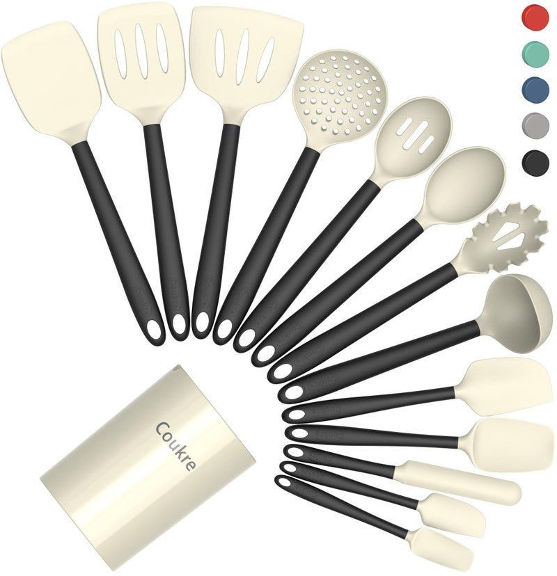Coukre Silicone Kitchen Cooking Utensils Set with Holder â€“ Heat-Resistant, Food-Grade Kitchen Tools, Spatula, Spoon & Gadgets for Non-Stick Pans, Dishwasher Safe (14, Beige) - Image 1