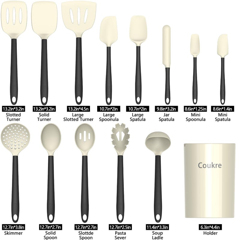 Coukre Silicone Kitchen Cooking Utensils Set with Holder â€“ Heat-Resistant, Food-Grade Kitchen Tools, Spatula, Spoon & Gadgets for Non-Stick Pans, Dishwasher Safe (14, Beige) - Image 2