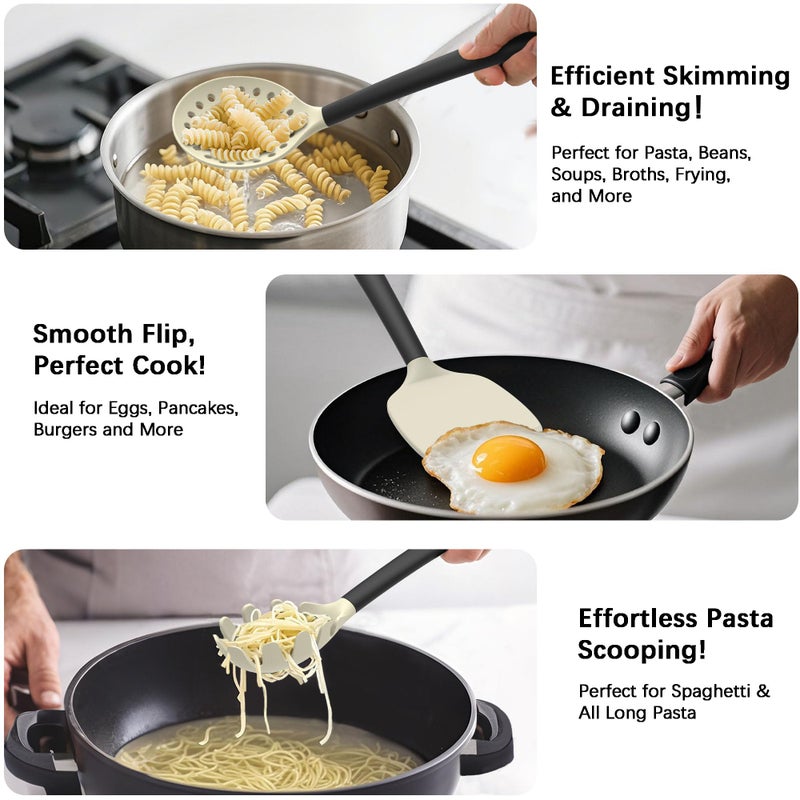 Coukre Silicone Kitchen Cooking Utensils Set with Holder â€“ Heat-Resistant, Food-Grade Kitchen Tools, Spatula, Spoon & Gadgets for Non-Stick Pans, Dishwasher Safe (14, Beige) - Image 3