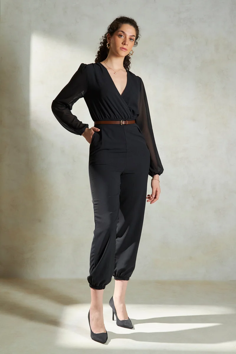 Virgio Twill Overlap Workwear Jumpsuit – Stylish Sleeveless Casual Wear with Waist Tie for Women