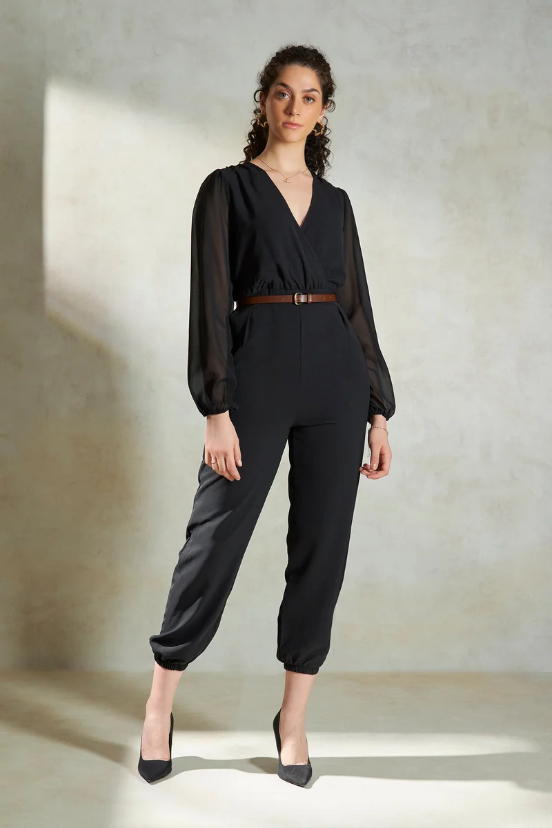 Virgio Twill Overlap Workwear Jumpsuit – Stylish Sleeveless Casual Wear with Waist Tie for Women
