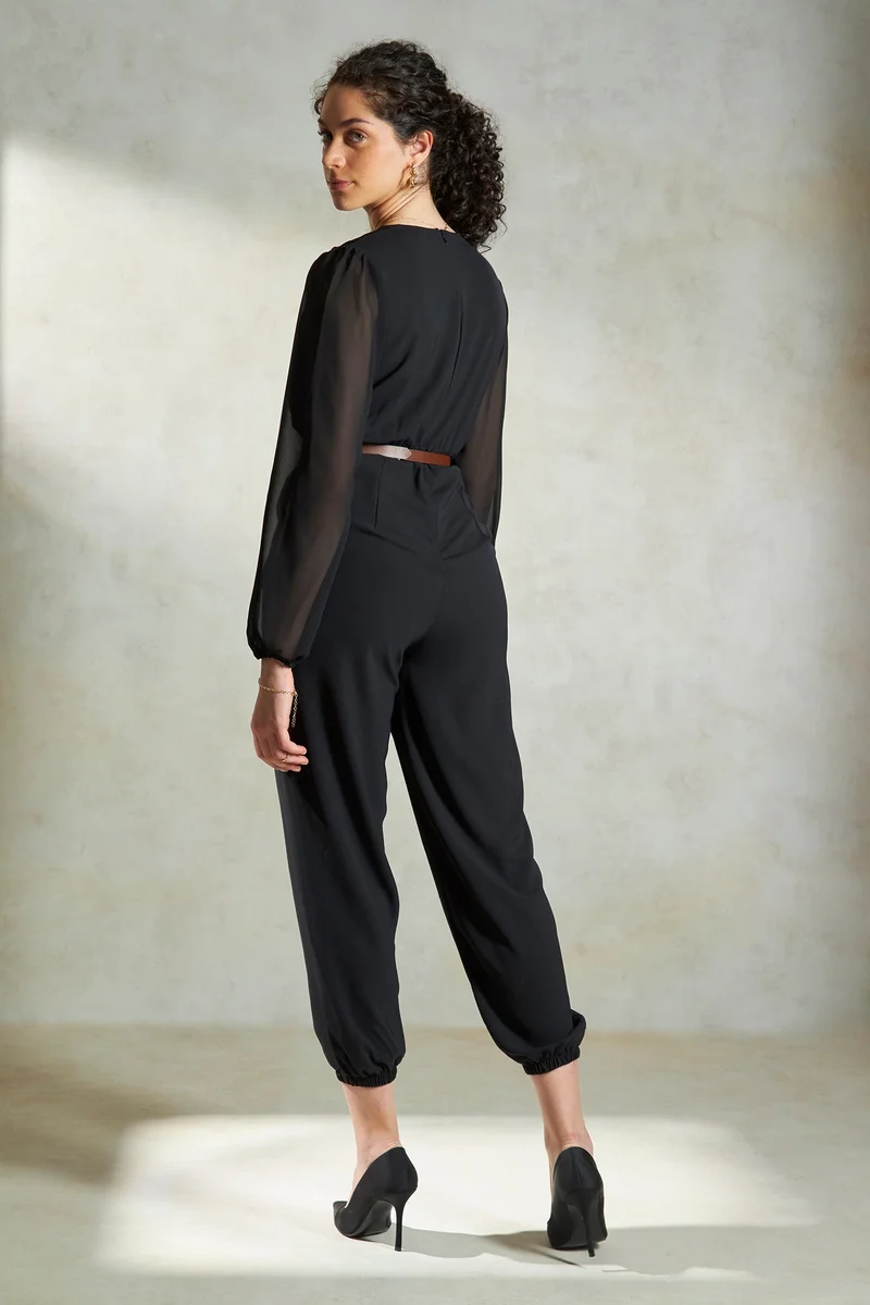 Virgio Twill Overlap Workwear Jumpsuit – Stylish Sleeveless Casual Wear with Waist Tie for Women