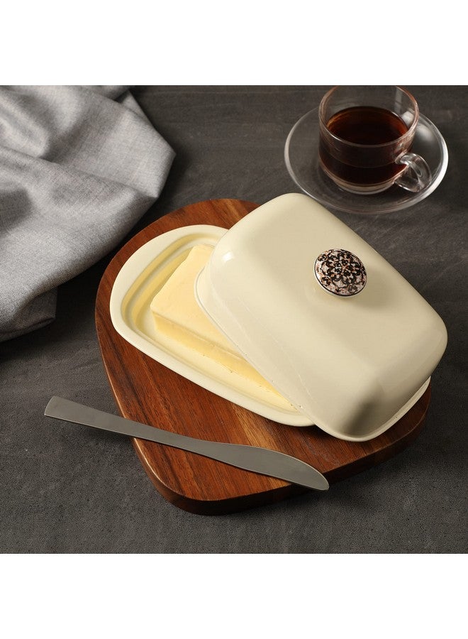 Dudki Stainless Steel Butter Dish Storage Box Organizer with Ceramic Knob Design , (500 Gram) (Ivory Colour) - Image 1