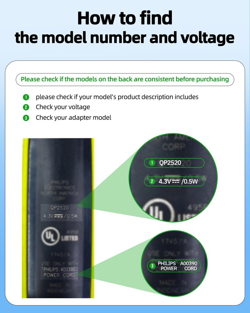 Superer 4.3V A00390 Charger Fit for Philips Norelco One Blade QP2520 MG3740 - (Old Model) - QP2521 QP2522 QP2515 MG5700 MG3720 QG3330 Electric Shaver, for Phillips OneBlade Replacement Power Cord - Image 3