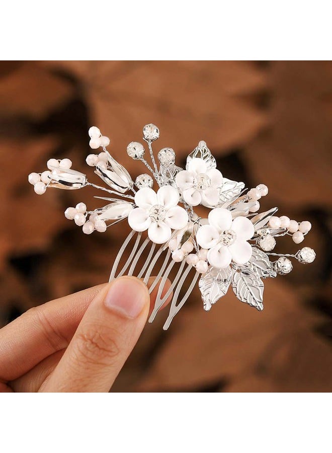 Casdre Flower Bride Wedding Hair Accessories Silver Leaf Bridal Hair Comb Side Comb Crystal Rhinestone Hair Piece for Women and Girls - Image 2