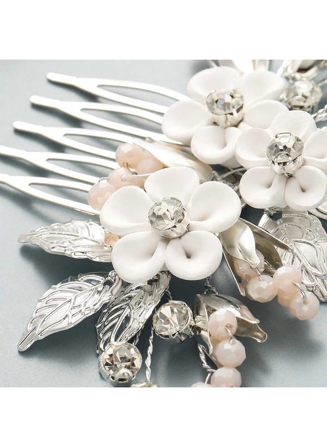 Casdre Flower Bride Wedding Hair Accessories Silver Leaf Bridal Hair Comb Side Comb Crystal Rhinestone Hair Piece for Women and Girls - Image 4