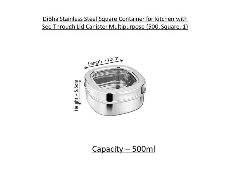 DiBha Stainless Steel Square Container for kitchen with See Through Lid Vertical Canister Dabba Storage Multipurpose Airtight 500 Square 1 - Image 2