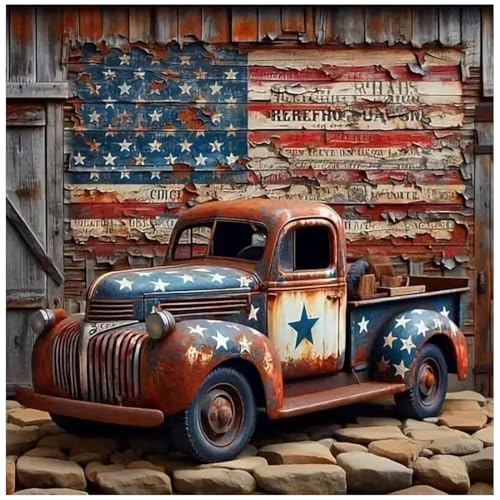Tiwabb Stamped Cross Stitch Kits for Adults - Truck American Flag Embroidery Kits for Beginners Adults,11 CT Patterns Dimensions Counted Cross Stitch Kits for Arts Craft Kits 14X 14 inch - Image 1