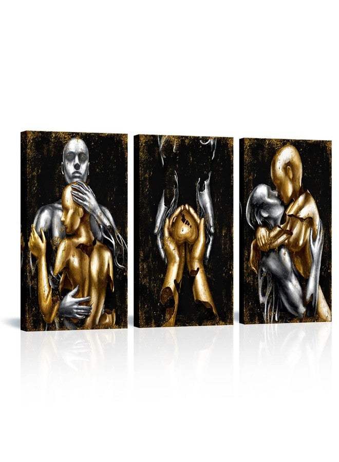 Visual Art Decor Black and Gold Love Decor Grey & Gold Hugging Couple Bedroom Wall Decor Picture Art Prints Framed Canvas Print (Black, 12x16inchx3 Pieces) - Image 1