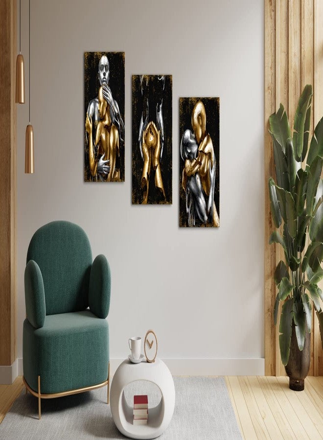 Visual Art Decor Black and Gold Love Decor Grey & Gold Hugging Couple Bedroom Wall Decor Picture Art Prints Framed Canvas Print (Black, 12x16inchx3 Pieces) - Image 2