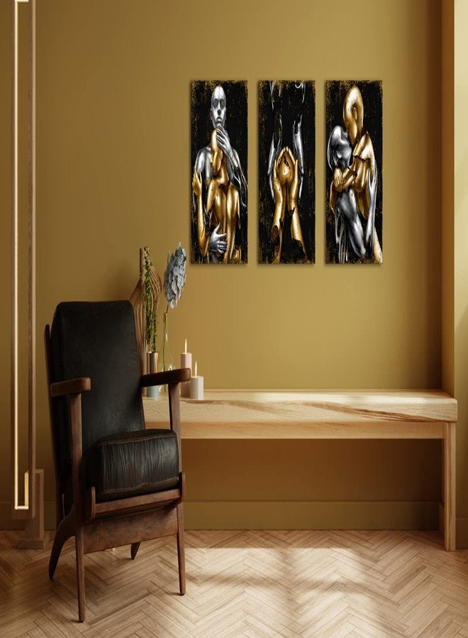 Visual Art Decor Black and Gold Love Decor Grey & Gold Hugging Couple Bedroom Wall Decor Picture Art Prints Framed Canvas Print (Black, 12x16inchx3 Pieces) - Image 4