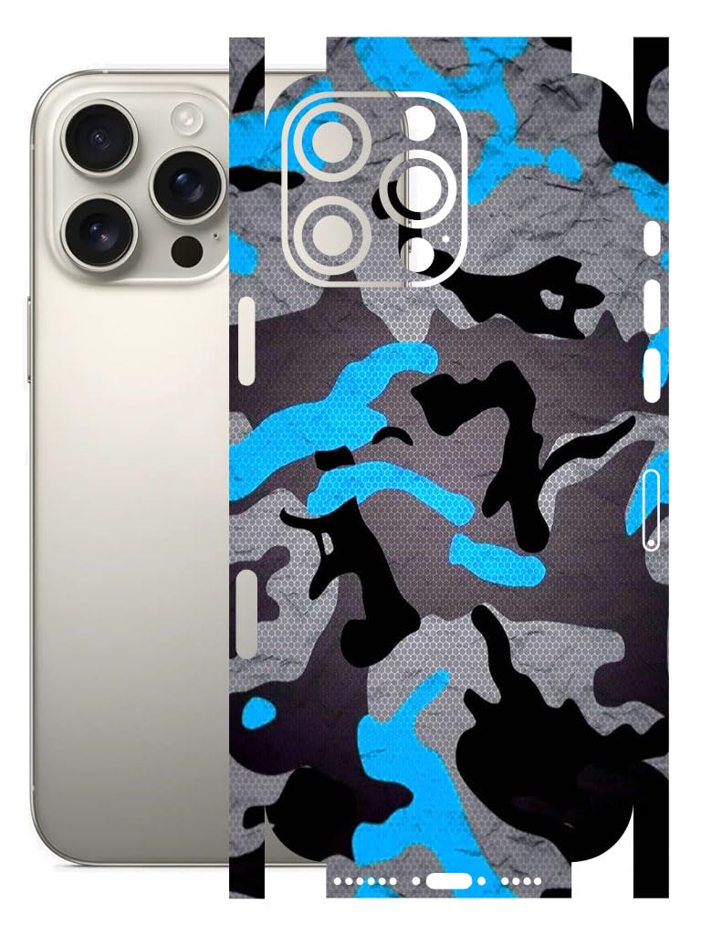 AtOdds - Full Body Back Screen Guard Protector Film - Lamination Wrap Skin Sticker for iPhone 16 Pro Max | Scratchproof Matte Finish (Design - Blue Camo) - Image 1