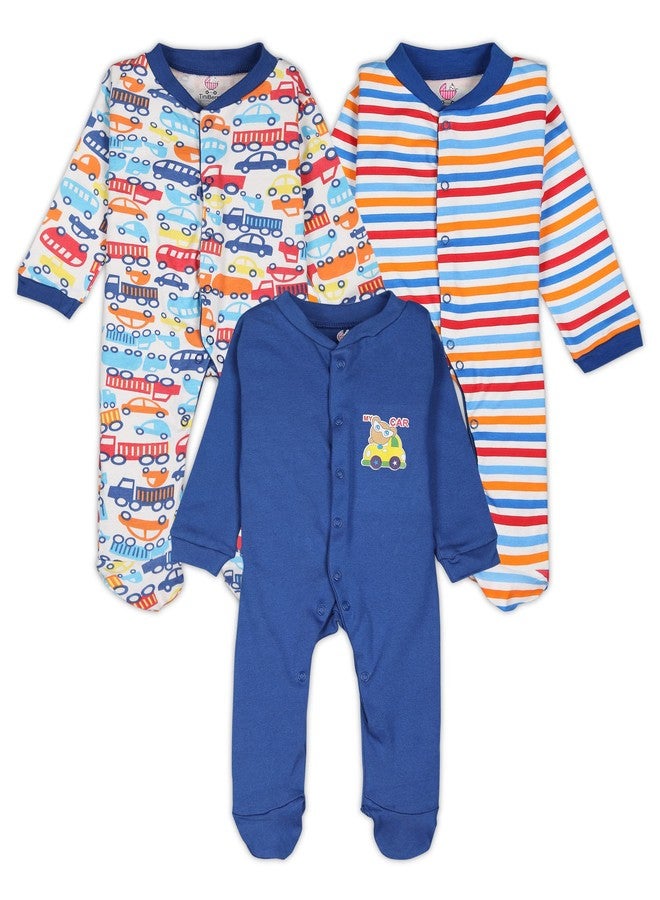 TiniBerry 100% Cotton Rompers Sleepsuits Jumpsuit Baby Boy's and Baby Girl’s Bodysuits Cotton Full Sleeve Rompers Gift Set Full Sleeves Onesies for Infant Pack of 3 (0-3 Months, Dark Blue) - Image 1