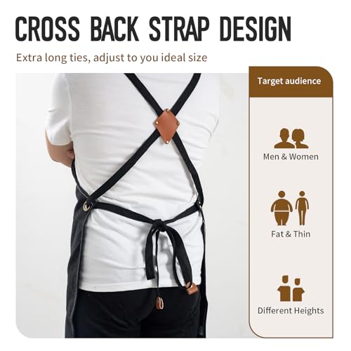 YELEGAI Aprons For Women Men With Large Pockets, Waterproof Cotton Chef Aprons For Cooking Server Grilling Bbq Kitchen Gardening (1, Pure Black) - Image 3